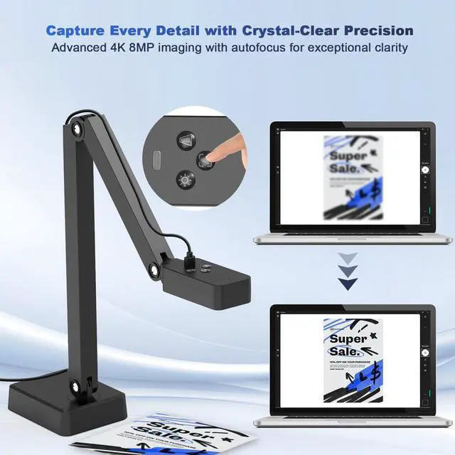 Alt view image 2 of 7 - 4K Document Camera for Teacher and Classroom, 8MP USB Webcam & Visualiser for A4 A3 Document, Doc Cam with Foldable Alloy Stand, Autofocus, LED Light & Mic, Work with Zoom, Mac, Windows, Chromebook