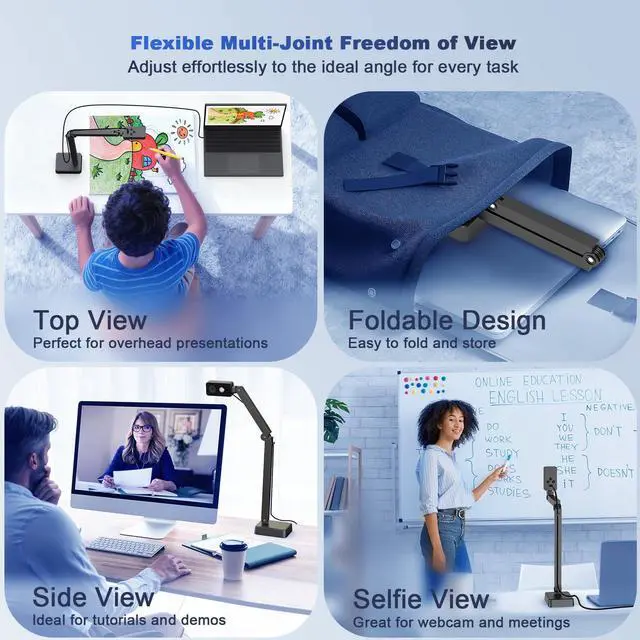 Alt view image 3 of 7 - 4K Document Camera for Teacher and Classroom, 8MP USB Webcam & Visualiser for A4 A3 Document, Doc Cam with Foldable Alloy Stand, Autofocus, LED Light & Mic, Work with Zoom, Mac, Windows, Chromebook