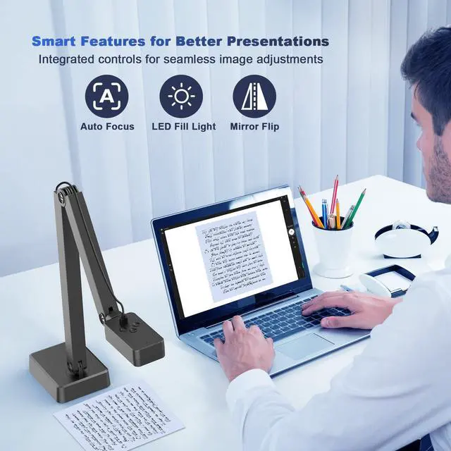 Alt view image 5 of 7 - 4K Document Camera for Teacher and Classroom, 8MP USB Webcam & Visualiser for A4 A3 Document, Doc Cam with Foldable Alloy Stand, Autofocus, LED Light & Mic, Work with Zoom, Mac, Windows, Chromebook
