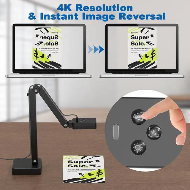 Alt view image 2 of 7 - 4K USB Document Camera for Teachers, 8MP Doc Cam with Auto Focus & Dual Mic, Foldable A3 Book Scanner & Visualizer Camera with LED Light, Plug & Play for Zoom, Classroom, Mac, Windows, Chromebook