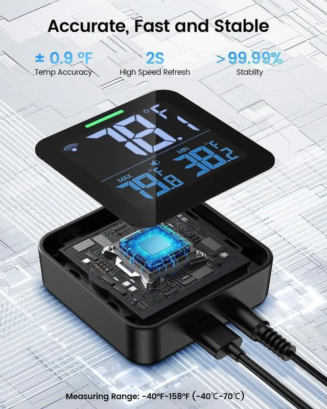 Alt view image 5 of 7 - WiFi Refrigerator Thermometer with Freezer Alarm, Digital Fridge Temperature with App Alert, Loud Buzzer & Indicator Alarm, 1-Year Data Export, Freezer Monitor for Kitchen Fish Tank Hot Tub