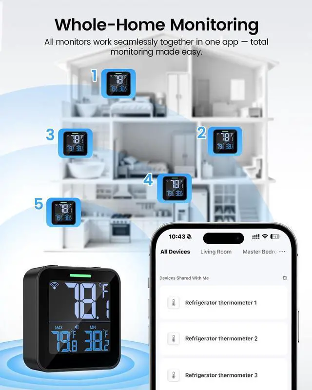 Alt view image 6 of 7 - WiFi Refrigerator Thermometer with Freezer Alarm, Digital Fridge Temperature with App Alert, Loud Buzzer & Indicator Alarm, 1-Year Data Export, Freezer Monitor for Kitchen Fish Tank Hot Tub