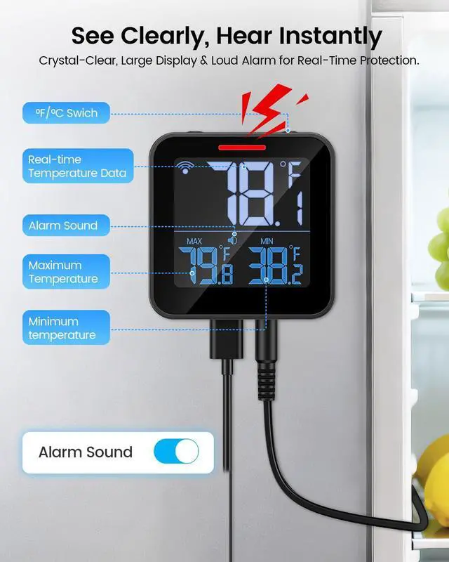 Alt view image 2 of 7 - WiFi Refrigerator Thermometer with Freezer Alarm, Digital Fridge Temperature with App Alert, Loud Buzzer & Indicator Alarm, 1-Year Data Export, Freezer Monitor for Kitchen Fish Tank Hot Tub