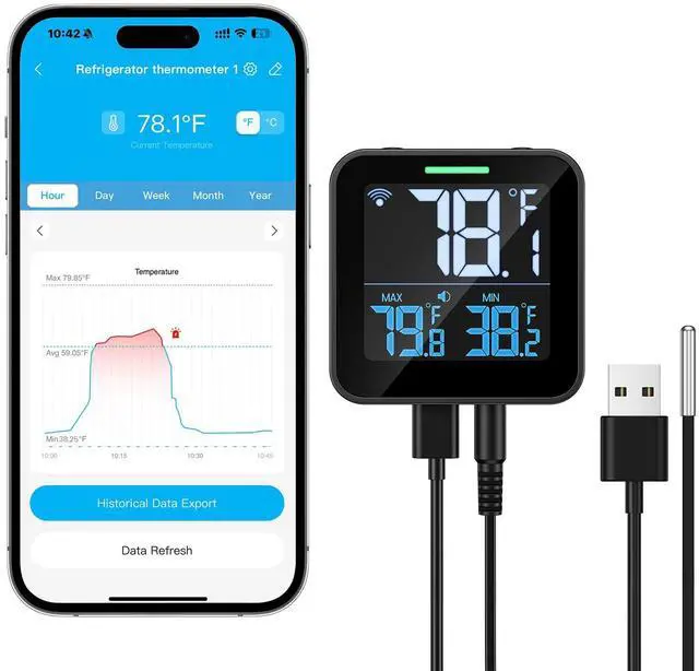 Main image of WiFi Refrigerator Thermometer with Freezer Alarm, Digital Fridge Temperature with App Alert, Loud Buzzer & Indicator Alarm, 1-Year Data Export, Freezer Monitor for Kitchen Fish Tank Hot Tub