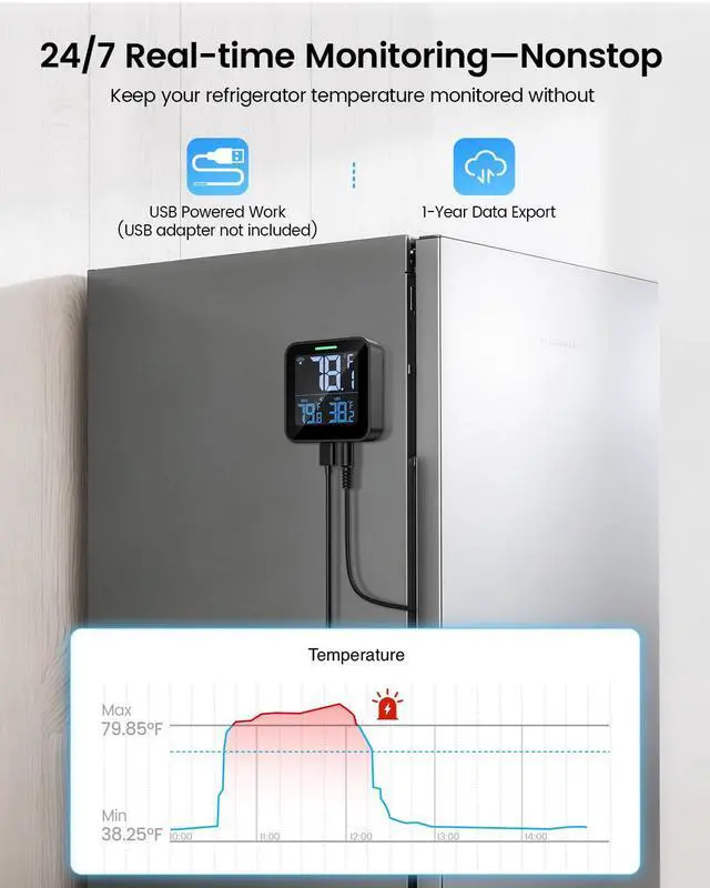 Alt view image 4 of 7 - WiFi Refrigerator Thermometer with Freezer Alarm, Digital Fridge Temperature with App Alert, Loud Buzzer & Indicator Alarm, 1-Year Data Export, Freezer Monitor for Kitchen Fish Tank Hot Tub
