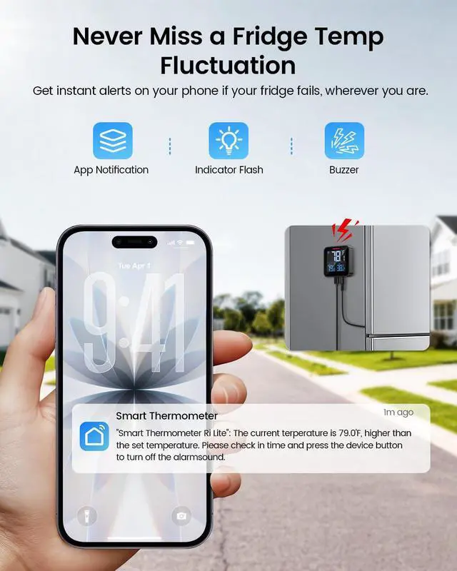 Alt view image 3 of 7 - WiFi Refrigerator Thermometer with Freezer Alarm, Digital Fridge Temperature with App Alert, Loud Buzzer & Indicator Alarm, 1-Year Data Export, Freezer Monitor for Kitchen Fish Tank Hot Tub