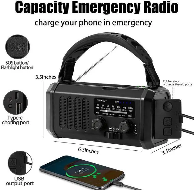 Alt view image 5 of 7 - Hand Crank Emergency Radio,74000mWh Solar Powered Portable NOAA AM FM Weather Radio with 3 Mode Flashlight and Reading Light,Cell Phone Charger,Home and Emergency Distress Signal (Black)