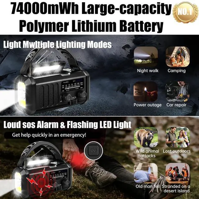 Alt view image 3 of 7 - Hand Crank Emergency Radio,74000mWh Solar Powered Portable NOAA AM FM Weather Radio with 3 Mode Flashlight and Reading Light,Cell Phone Charger,Home and Emergency Distress Signal (Black)