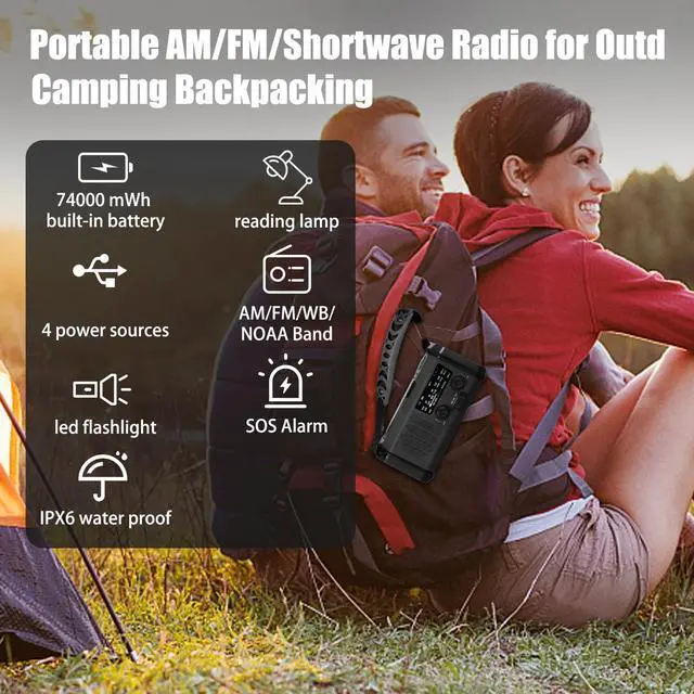 Alt view image 6 of 7 - Hand Crank Emergency Radio,74000mWh Solar Powered Portable NOAA AM FM Weather Radio with 3 Mode Flashlight and Reading Light,Cell Phone Charger,Home and Emergency Distress Signal (Black)