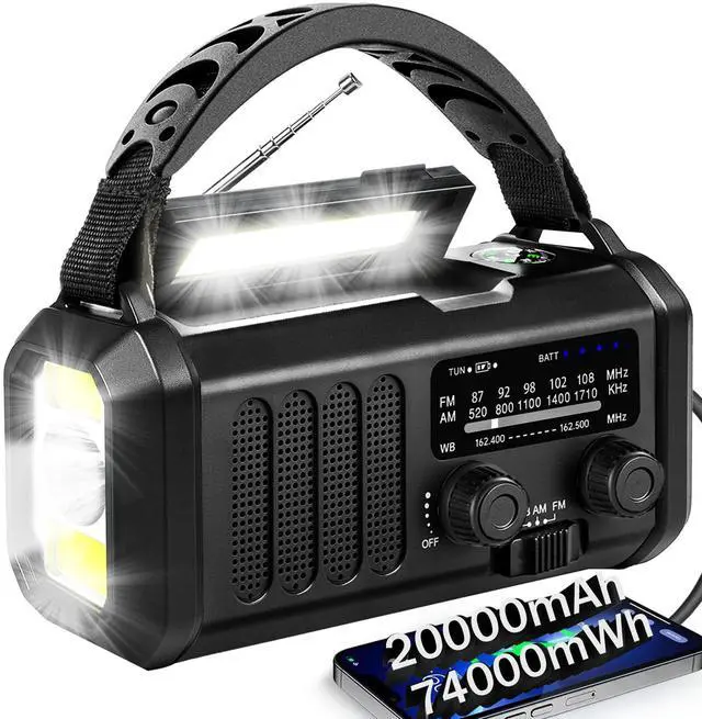 Main image of Hand Crank Emergency Radio,74000mWh Solar Powered Portable NOAA AM FM Weather Radio with 3 Mode Flashlight and Reading Light,Cell Phone Charger,Home and Emergency Distress Signal (Black)