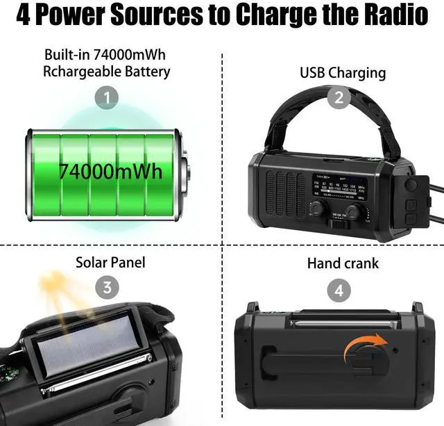 Alt view image 7 of 7 - Hand Crank Emergency Radio,74000mWh Solar Powered Portable NOAA AM FM Weather Radio with 3 Mode Flashlight and Reading Light,Cell Phone Charger,Home and Emergency Distress Signal (Black)