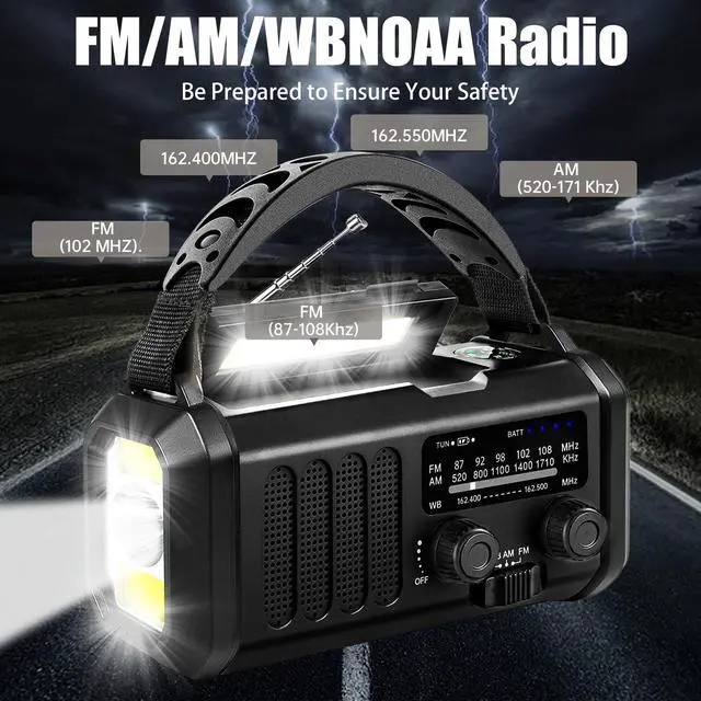 Alt view image 2 of 7 - Hand Crank Emergency Radio,74000mWh Solar Powered Portable NOAA AM FM Weather Radio with 3 Mode Flashlight and Reading Light,Cell Phone Charger,Home and Emergency Distress Signal (Black)