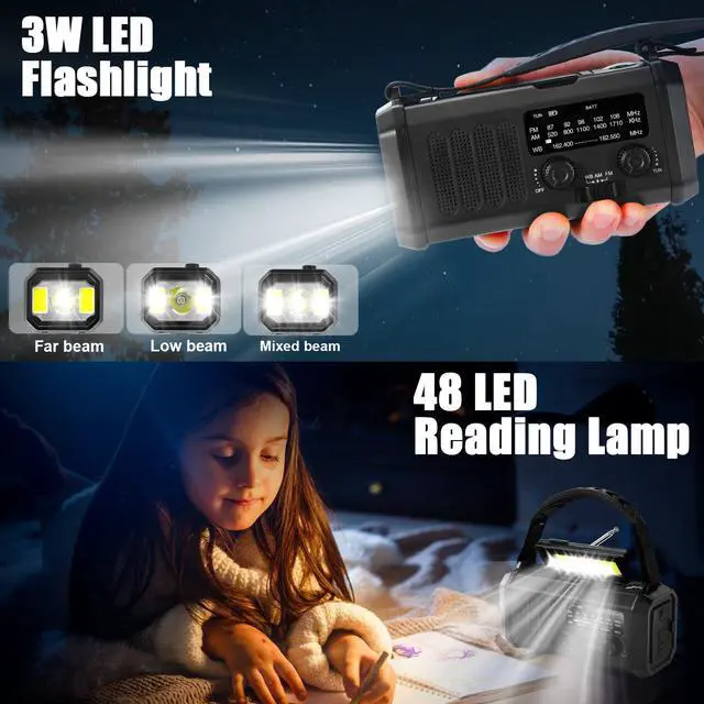 Alt view image 4 of 7 - Hand Crank Emergency Radio,74000mWh Solar Powered Portable NOAA AM FM Weather Radio with 3 Mode Flashlight and Reading Light,Cell Phone Charger,Home and Emergency Distress Signal (Black)