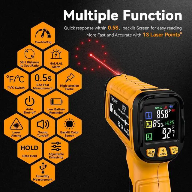Alt view image 3 of 7 - 50:1 Infrared Thermometer IR Laser Gun, -58°F to 1796°F, Digital Temperature Gun/K-Type Probe -4°F to 932°F & Humidity Sensor for Cooking, Pizza Oven BBQ HVAC Home-Industrial Use