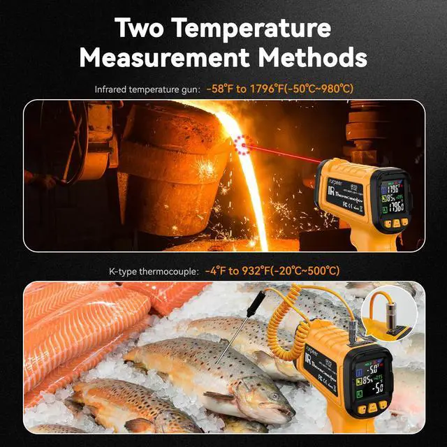 Alt view image 5 of 7 - 50:1 Infrared Thermometer IR Laser Gun, -58°F to 1796°F, Digital Temperature Gun/K-Type Probe -4°F to 932°F & Humidity Sensor for Cooking, Pizza Oven BBQ HVAC Home-Industrial Use