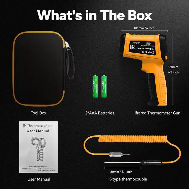 Alt view image 7 of 7 - 50:1 Infrared Thermometer IR Laser Gun, -58°F to 1796°F, Digital Temperature Gun/K-Type Probe -4°F to 932°F & Humidity Sensor for Cooking, Pizza Oven BBQ HVAC Home-Industrial Use