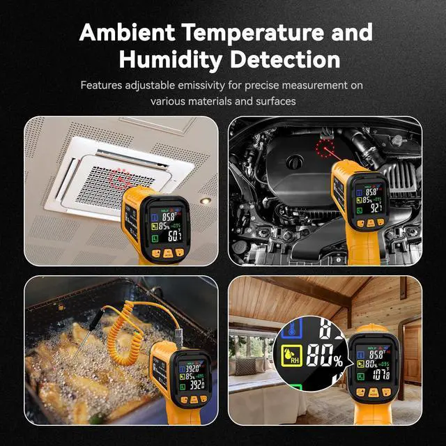 Alt view image 6 of 7 - 50:1 Infrared Thermometer IR Laser Gun, -58°F to 1796°F, Digital Temperature Gun/K-Type Probe -4°F to 932°F & Humidity Sensor for Cooking, Pizza Oven BBQ HVAC Home-Industrial Use