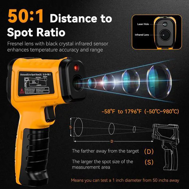 Alt view image 2 of 7 - 50:1 Infrared Thermometer IR Laser Gun, -58°F to 1796°F, Digital Temperature Gun/K-Type Probe -4°F to 932°F & Humidity Sensor for Cooking, Pizza Oven BBQ HVAC Home-Industrial Use