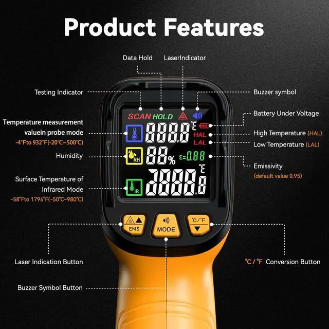 Alt view image 4 of 7 - 50:1 Infrared Thermometer IR Laser Gun, -58°F to 1796°F, Digital Temperature Gun/K-Type Probe -4°F to 932°F & Humidity Sensor for Cooking, Pizza Oven BBQ HVAC Home-Industrial Use