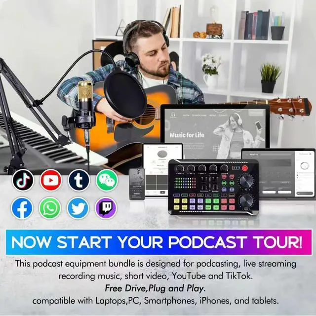 Alt view image 7 of 7 - Podcast Equipment Bundle, Podcast Equipment with BM-800 Microphone(Gold) & F998 Sound Card, Recording Studio Equipment for Podcasting, Singing, Gaming, and Live Streaming YouTube Tiktok