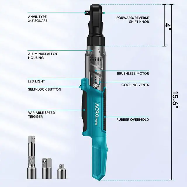 Alt view image 2 of 7 - 3/8" Cordless Ratchet Wrench, Compatible with Makita 18V Battery, 74Ft-Lbs Brushless Motor Electric Ratchet with Variable Speed, 1/2" & 1/4" Adapters, 3" Extension Bar (Tool Only)