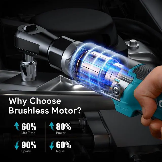 Alt view image 3 of 7 - 3/8" Cordless Ratchet Wrench, Compatible with Makita 18V Battery, 74Ft-Lbs Brushless Motor Electric Ratchet with Variable Speed, 1/2" & 1/4" Adapters, 3" Extension Bar (Tool Only)