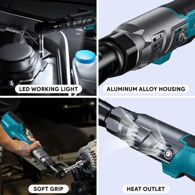 Alt view image 7 of 7 - 3/8" Cordless Ratchet Wrench, Compatible with Makita 18V Battery, 74Ft-Lbs Brushless Motor Electric Ratchet with Variable Speed, 1/2" & 1/4" Adapters, 3" Extension Bar (Tool Only)