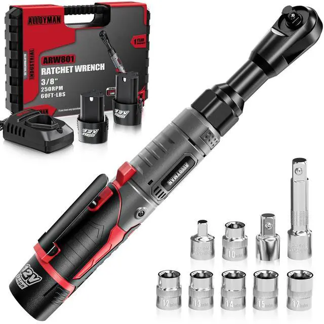 Main image of 3/8" Cordless Ratchet Wrench Set, 60FT-LBS(80N.m) Electric Ratchet, 12V Extended Power Socket Wrench Set with Variable Speed, 6 Sockets, LED Light, 1/4" Adapter,1/2" Adapter,2 Batteries