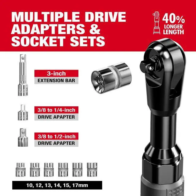 Alt view image 4 of 7 - 3/8" Cordless Ratchet Wrench Set, 60FT-LBS(80N.m) Electric Ratchet, 12V Extended Power Socket Wrench Set with Variable Speed, 6 Sockets, LED Light, 1/4" Adapter,1/2" Adapter,2 Batteries