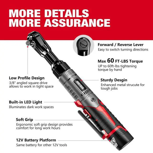 Alt view image 5 of 7 - 3/8" Cordless Ratchet Wrench Set, 60FT-LBS(80N.m) Electric Ratchet, 12V Extended Power Socket Wrench Set with Variable Speed, 6 Sockets, LED Light, 1/4" Adapter,1/2" Adapter,2 Batteries