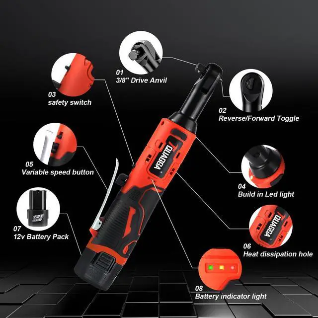 Alt view image 4 of 7 - 3/8" Cordless Electric Ratchet Wrench Set, 12V Power Ratchet Tool Kit With 2 Packs 2000 mAh Battery And Charger, 45 FT-LBS Battery Powered Wrench with Infinitely Variable Speeds