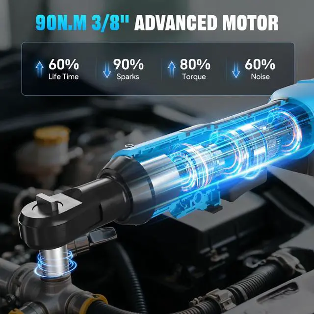 Alt view image 3 of 7 - 3/8" Electric Ratchet Wrench, 66FT-LBS (90N.m) Cordless Ratchet Wrench, 21V Power Ratchets with 2x 2.0A Batteries & Charger, 7 Sockets, 1/4" Adapters and 3" Extension Bars, NEW VERSION