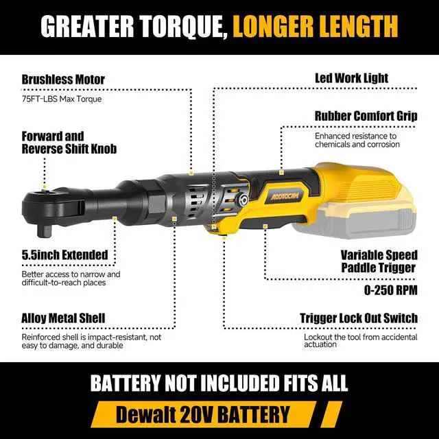 Alt view image 6 of 6 - 3/8" Cordless Ratchet Wrench for Dewalt 20V Battery(Tool Only),75FT-LBS(102N.m) Extended Electric Ratchet Wrench Set with Variable Speed, LED Light, 1/4"&1/2" Adapter,3" Extension Bar