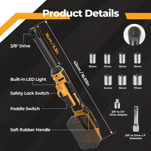 Alt view image 7 of 7 - 3/8" Cordless Ratchet Wrench Compatible with Dewalt 20V MAX Batteries(No Battery) 6-inch Extended Electric Ratchet Wrench with Variable Speed 60Ft-lbs,7 Sockets,Adapters & 3 Inch Extension Bar