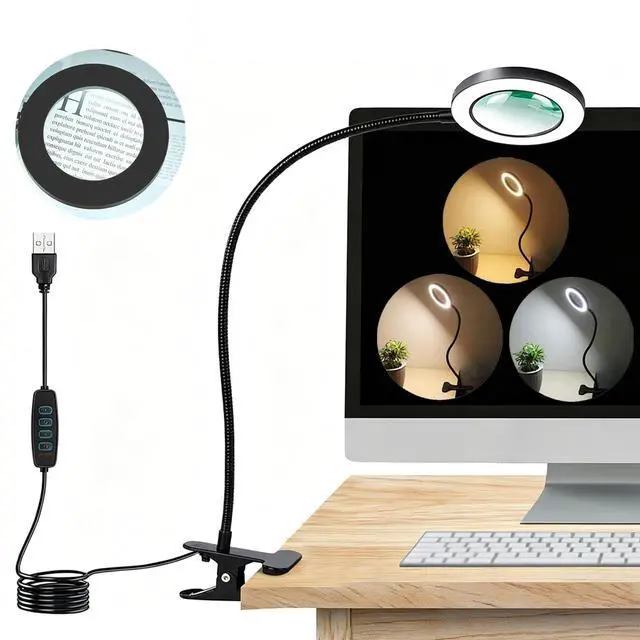 Main image of Desk Magnifying Glass with Light 10x, Magnifer with 3 Light Color, 10 Adjustable Brightness, Flexible Gooseneck, Magnifying Lamp with Clamp for Craft, Diamond Painting, Soldering, Elderly