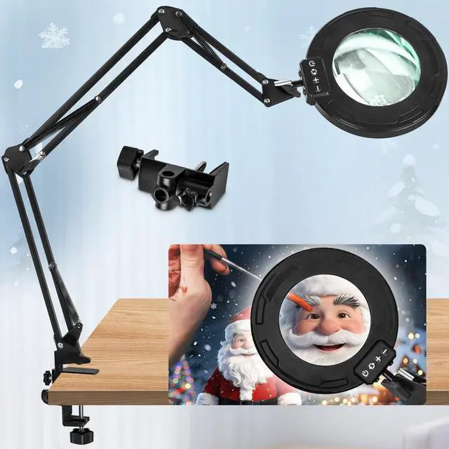 Main image of Ultra Long 12X Magnifying Glass with Light and Clamp, 5 Color Modes Stepless Dimming Desk Lamp, Swivel Arm Workbench Light, Hands Free Lighted Magnifier Stand for Craft Reading Soldering