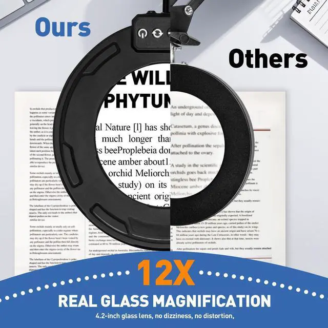 Alt view image 2 of 7 - Ultra Long 12X Magnifying Glass with Light and Clamp, 5 Color Modes Stepless Dimming Desk Lamp, Swivel Arm Workbench Light, Hands Free Lighted Magnifier Stand for Craft Reading Soldering
