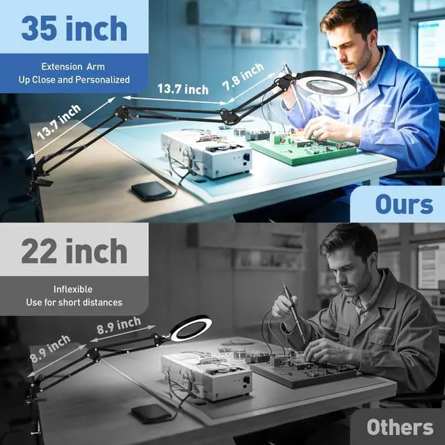 Alt view image 3 of 7 - Ultra Long 12X Magnifying Glass with Light and Clamp, 5 Color Modes Stepless Dimming Desk Lamp, Swivel Arm Workbench Light, Hands Free Lighted Magnifier Stand for Craft Reading Soldering