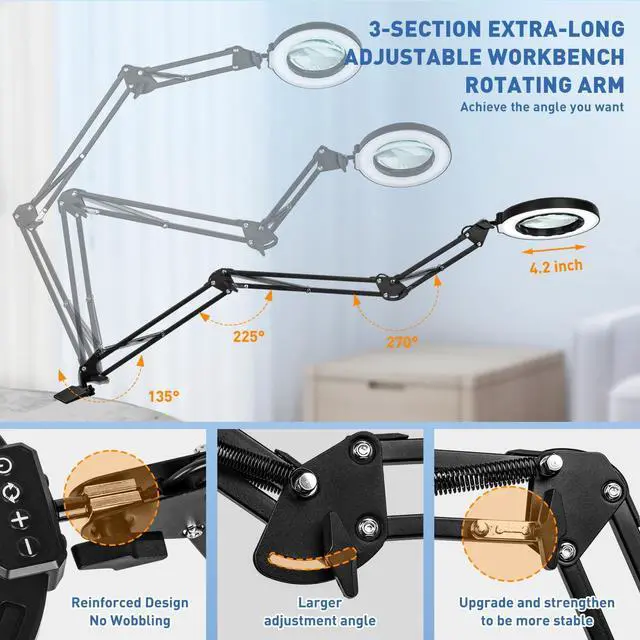 Alt view image 5 of 7 - Ultra Long 12X Magnifying Glass with Light and Clamp, 5 Color Modes Stepless Dimming Desk Lamp, Swivel Arm Workbench Light, Hands Free Lighted Magnifier Stand for Craft Reading Soldering