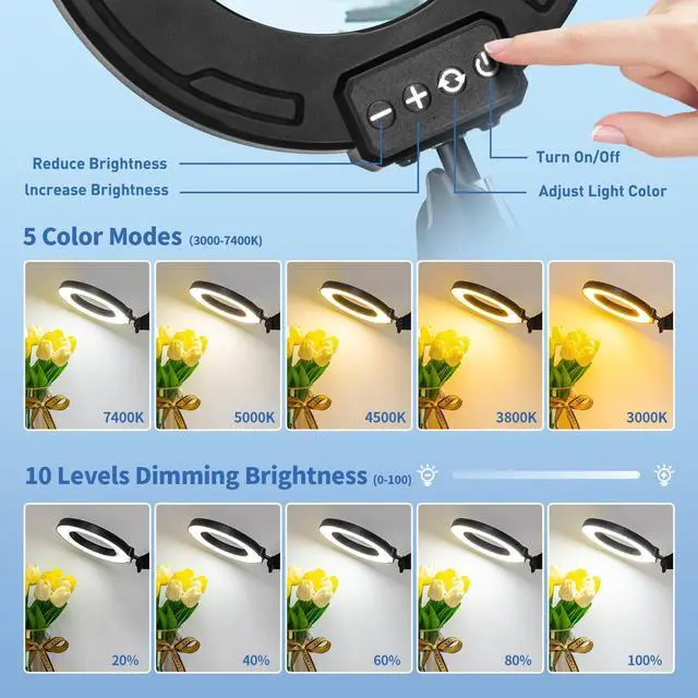 Alt view image 6 of 7 - Ultra Long 12X Magnifying Glass with Light and Clamp, 5 Color Modes Stepless Dimming Desk Lamp, Swivel Arm Workbench Light, Hands Free Lighted Magnifier Stand for Craft Reading Soldering