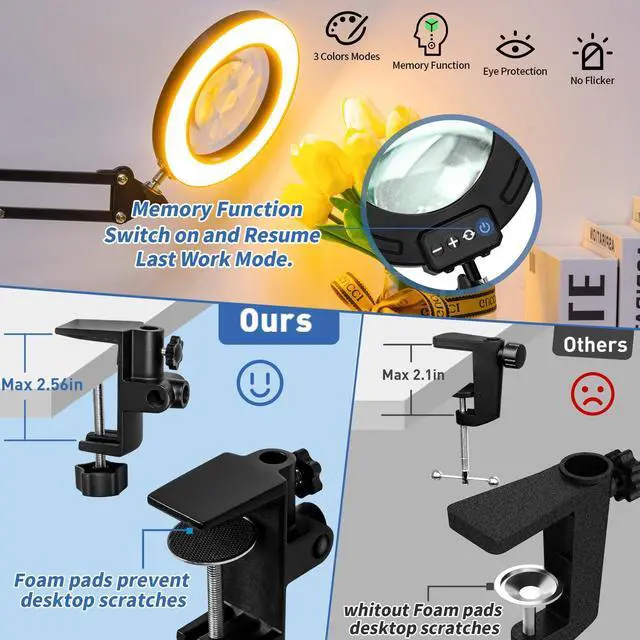 Alt view image 7 of 7 - Ultra Long 12X Magnifying Glass with Light and Clamp, 5 Color Modes Stepless Dimming Desk Lamp, Swivel Arm Workbench Light, Hands Free Lighted Magnifier Stand for Craft Reading Soldering