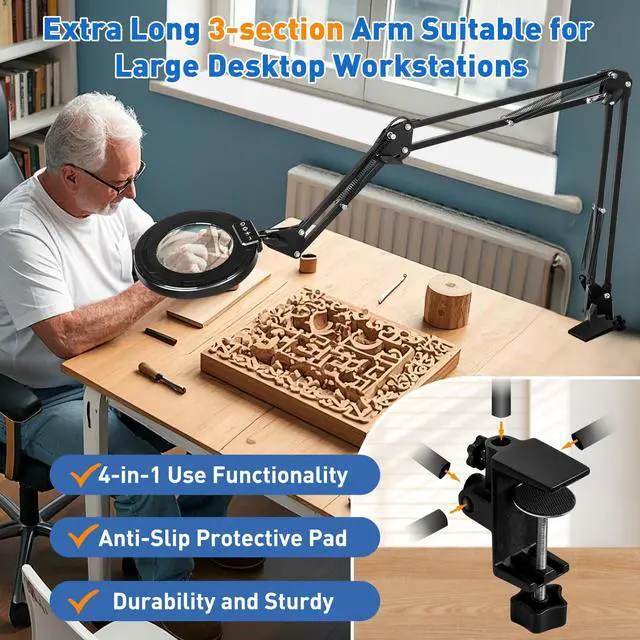 Alt view image 4 of 7 - Ultra Long 12X Magnifying Glass with Light and Clamp, 5 Color Modes Stepless Dimming Desk Lamp, Swivel Arm Workbench Light, Hands Free Lighted Magnifier Stand for Craft Reading Soldering
