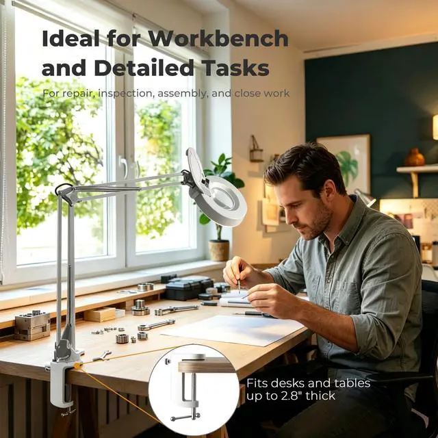 Alt view image 2 of 7 - 10X Magnifying Glass with Light, Clamp-on Desk Magnifier Lamp with Real Glass Lens and Adjustable Swing Arm for Reading, Crafts, Repair, Inspection and Close Work