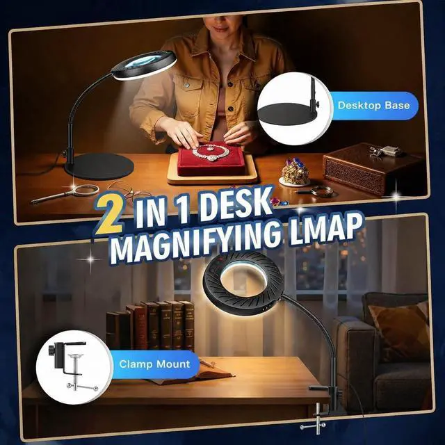 Alt view image 3 of 7 - 12X Magnifying Glass with Light and Stand, 5 Color Modes, 9 Dimmable Levels, Hands Free Flexible Gooseneck Magnifying Lamp, 2-in-1 LED Desk Lamp for Crafts Hobby Jewelry Sewing Reading Close Work