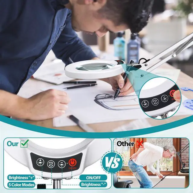 Alt view image 4 of 7 - 12X Magnifying Glass with Light and Stand, 2-in-1 Desk Lamp & Clamp Light, 5 Color Modes, Brightness Stepless Dimmable LED Lighted Magnifier Hands Free, Magnifier Lamp for Crafts - White