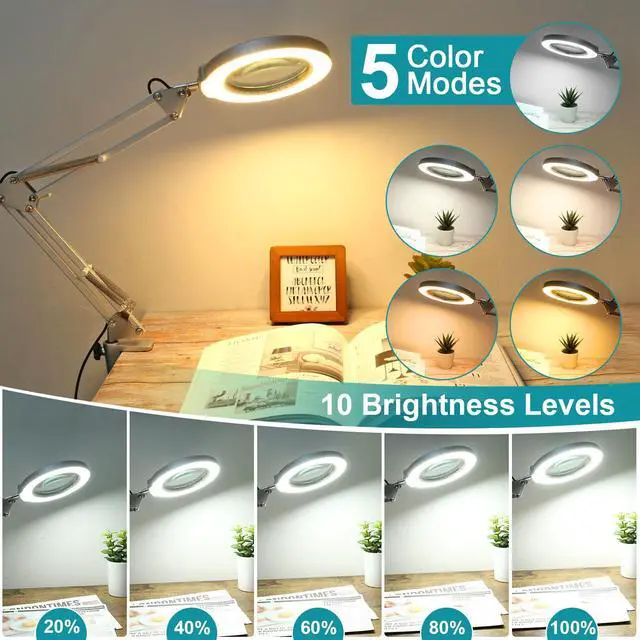 Alt view image 3 of 7 - 12X Magnifying Glass with Light and Stand, 2-in-1 Desk Lamp & Clamp Light, 5 Color Modes, Brightness Stepless Dimmable LED Lighted Magnifier Hands Free, Magnifier Lamp for Crafts - White