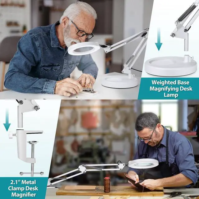 Alt view image 5 of 7 - 12X Magnifying Glass with Light and Stand, 2-in-1 Desk Lamp & Clamp Light, 5 Color Modes, Brightness Stepless Dimmable LED Lighted Magnifier Hands Free, Magnifier Lamp for Crafts - White