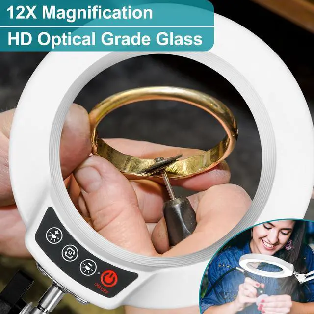 Alt view image 2 of 7 - 12X Magnifying Glass with Light and Stand, 2-in-1 Desk Lamp & Clamp Light, 5 Color Modes, Brightness Stepless Dimmable LED Lighted Magnifier Hands Free, Magnifier Lamp for Crafts - White