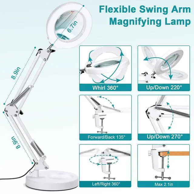 Alt view image 6 of 7 - 12X Magnifying Glass with Light and Stand, 2-in-1 Desk Lamp & Clamp Light, 5 Color Modes, Brightness Stepless Dimmable LED Lighted Magnifier Hands Free, Magnifier Lamp for Crafts - White