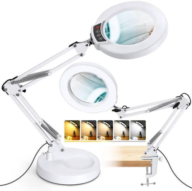 Main image of 12X Magnifying Glass with Light and Stand, 2-in-1 Desk Lamp & Clamp Light, 5 Color Modes, Brightness Stepless Dimmable LED Lighted Magnifier Hands Free, Magnifier Lamp for Crafts - White